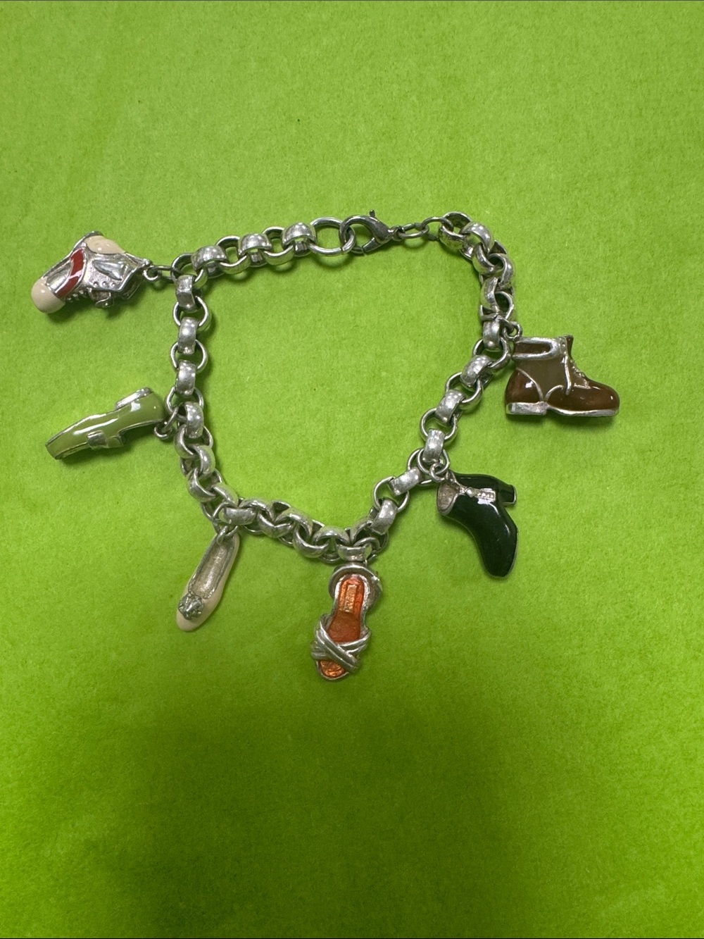 Womens Silver Shoe Charm Bracelet with Multi-Color Enamel Charms